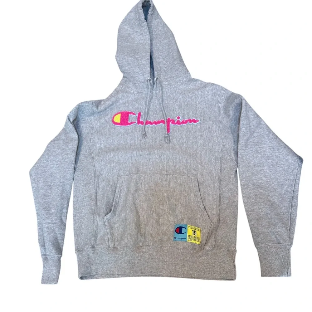 Champion Reverse Weave Hoodie Chenille GF68 neon pink logo unisex Med grunge